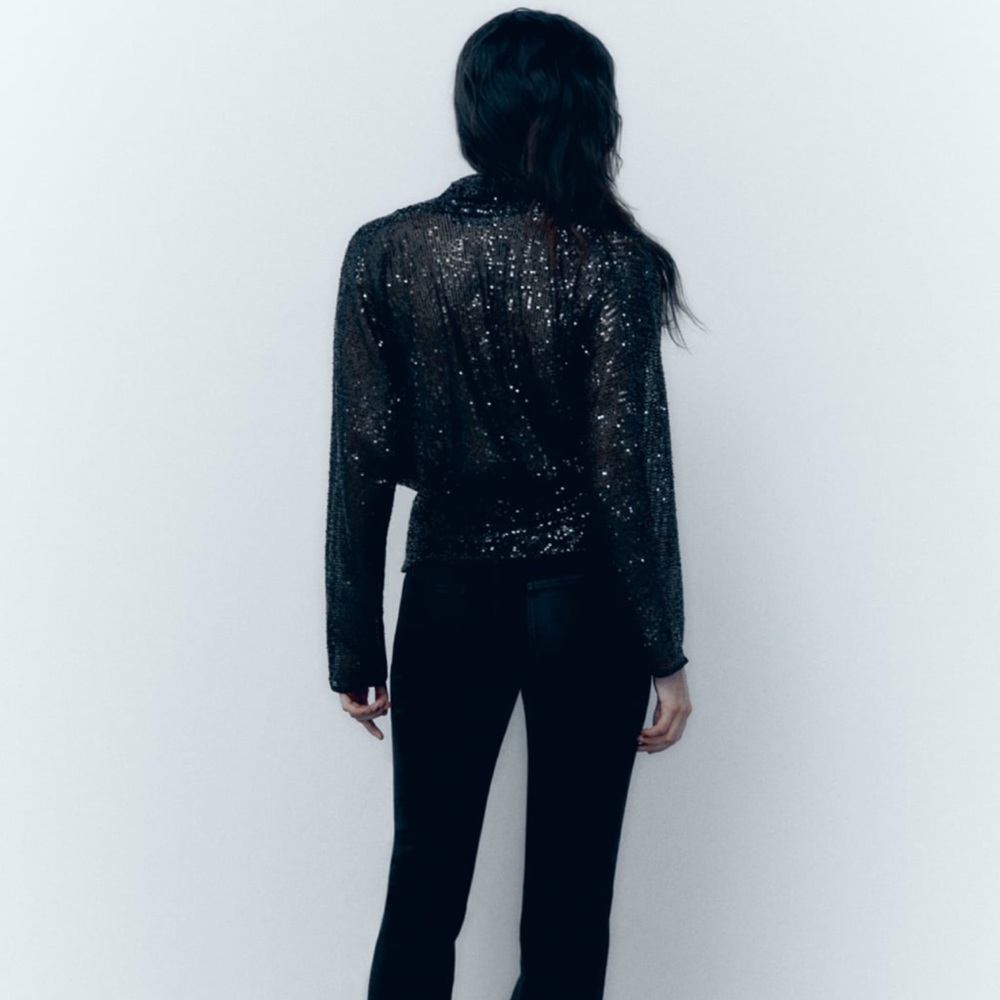 NWT Zara Draped Black Sequin Blouse - Picture 2 of 13